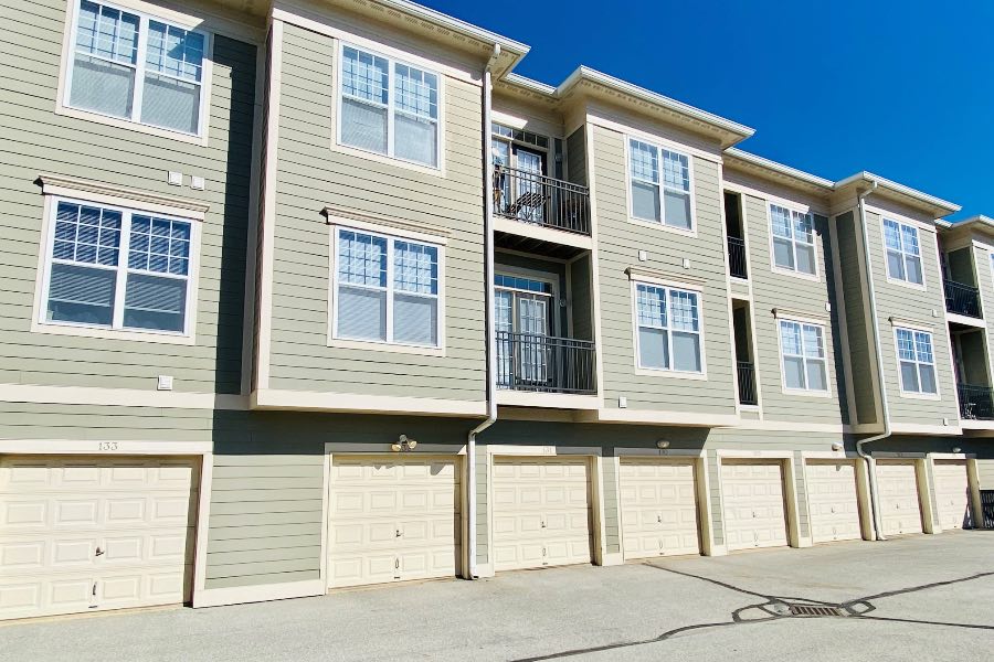 Single-car attached garages at apartment building